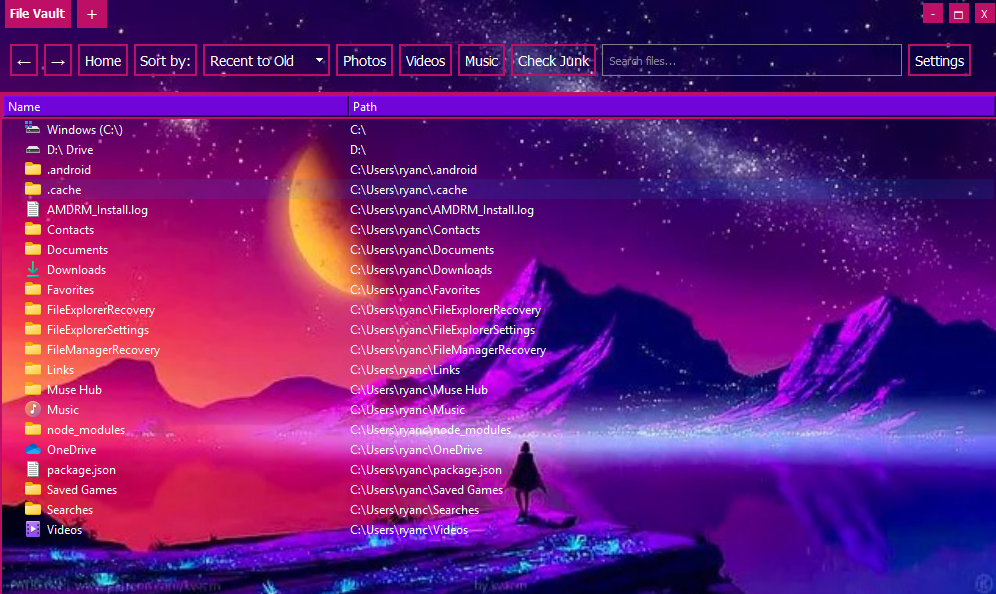 File Vault displaying folders, drives, paths, filters, media shortcuts, junk checking, search, and settings